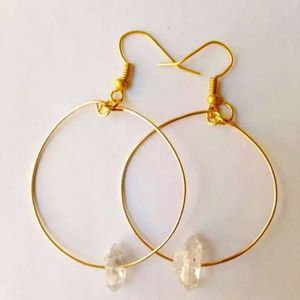 Clear quartz point hoop earrings 1.5”, gold tone